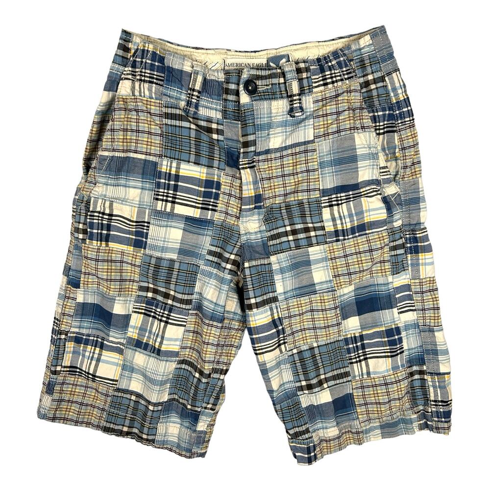 American Eagle Shorts Mens Size 26x12 Plaid Patchwork Quilted Longer Length Blue